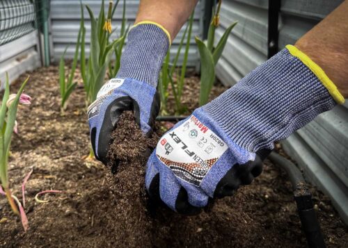 Tradie wearing GreenFlex Cut Resistant Recycled Gloves C5/D at Your Safety Factory